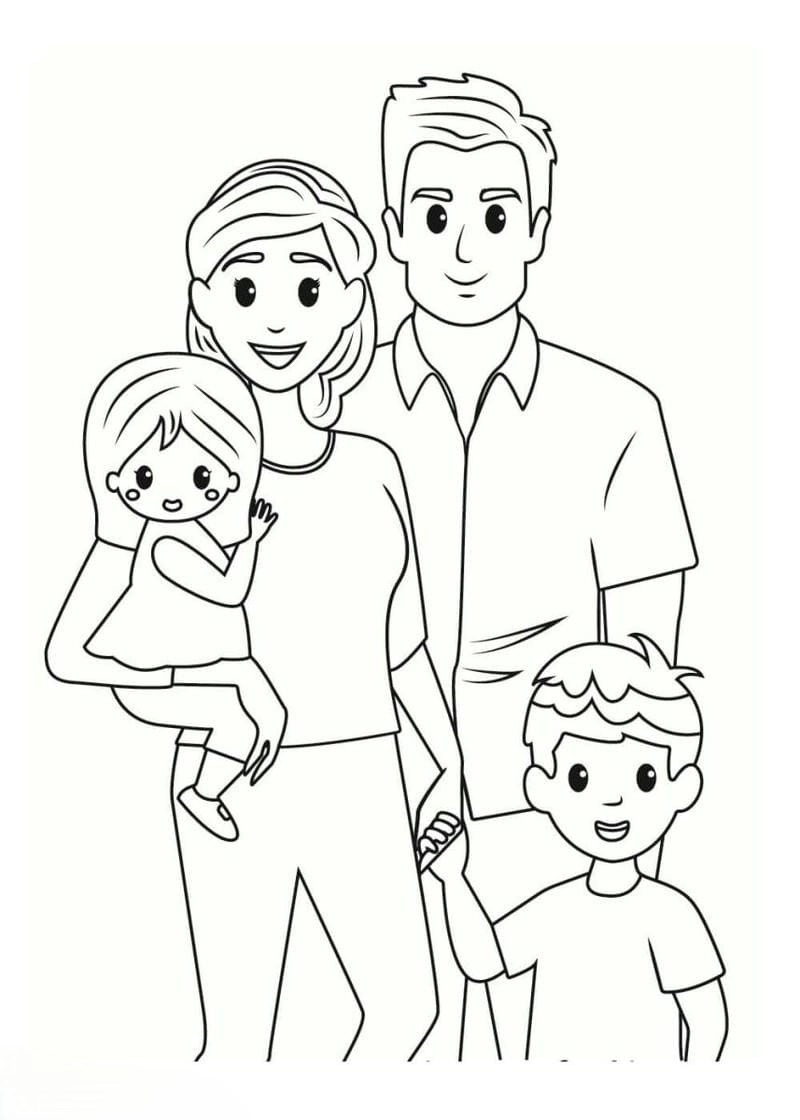 4 người tranh tô màu gia đình 4 người mô tả đầy đủ các thành viên cơ bản