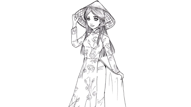 Mẫu tô màu tranh vẽ cô gái mặc áo dài đẹp