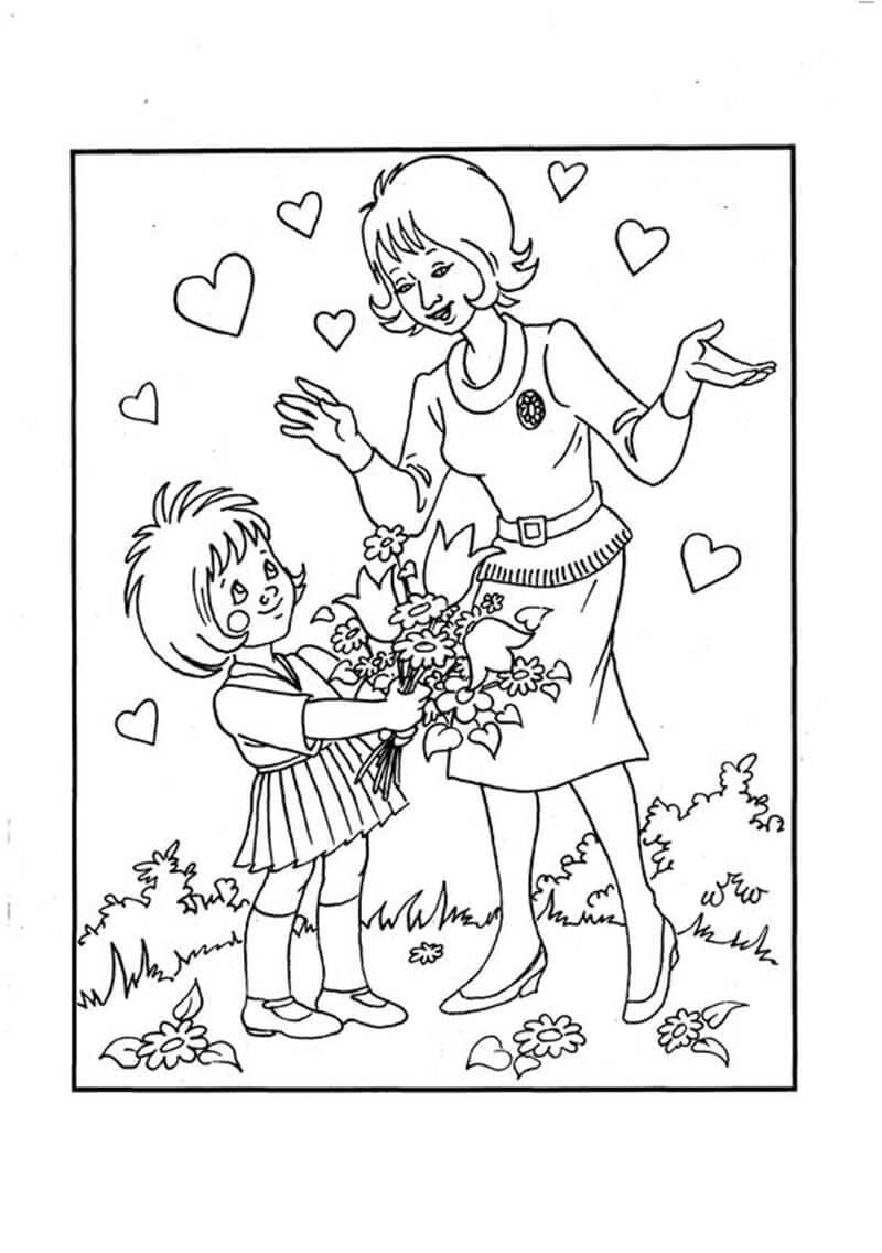 Tô đẹp tranh tô màu bé tặng hoa cô giáo dễ thương