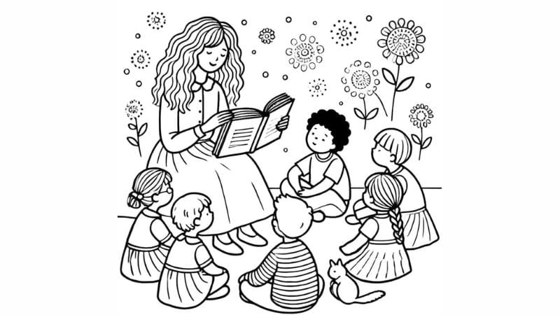 Tranh tô màu cô giáo và học sinh giúp bé thể hiện tình cảm học trò