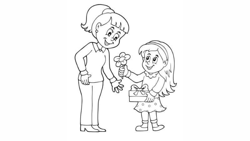 Tranh tô màu học sinh tặng hoa cô giáo mang ý nghĩa lễ phép tri ân