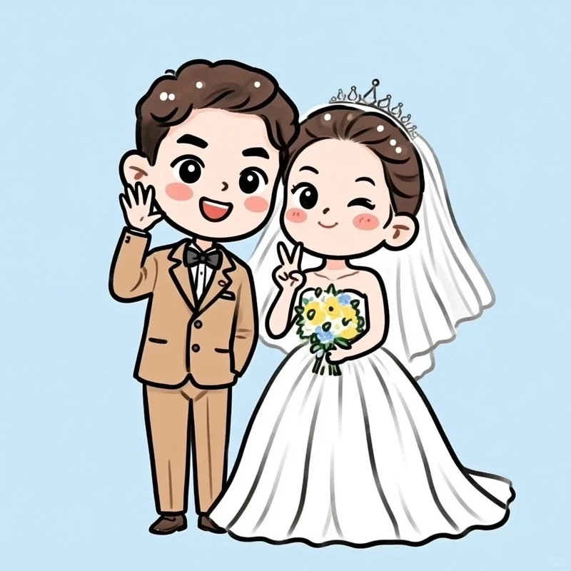 Bộ chibi dâu rể cầm hoa lãng mạn dành cho các cặp đôi