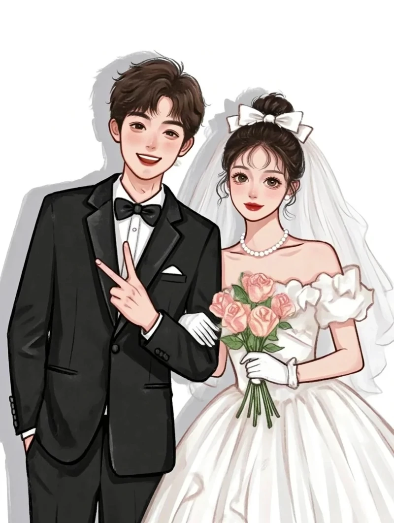 Hình ảnh chibi dâu rể nắm tay lãng mạn khiến ai cũng thích