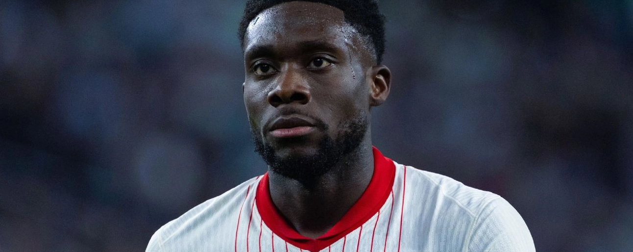 Alphonso Davies of Canada looks on during the CONCACAF Nations League semifinal match between Canada and Mexico at SoFi Stadium on March 20, 2025 in Inglewood, California
