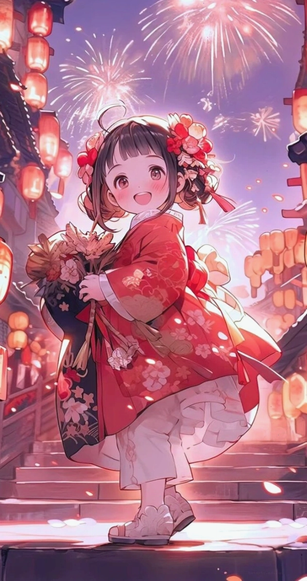 Anime bé gái và đèn lồng mang không khí Tết