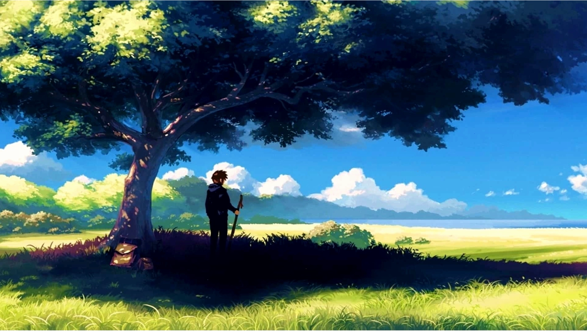 Anime chill phong cảnh nam ngồi dưới gốc cây cổ thụ