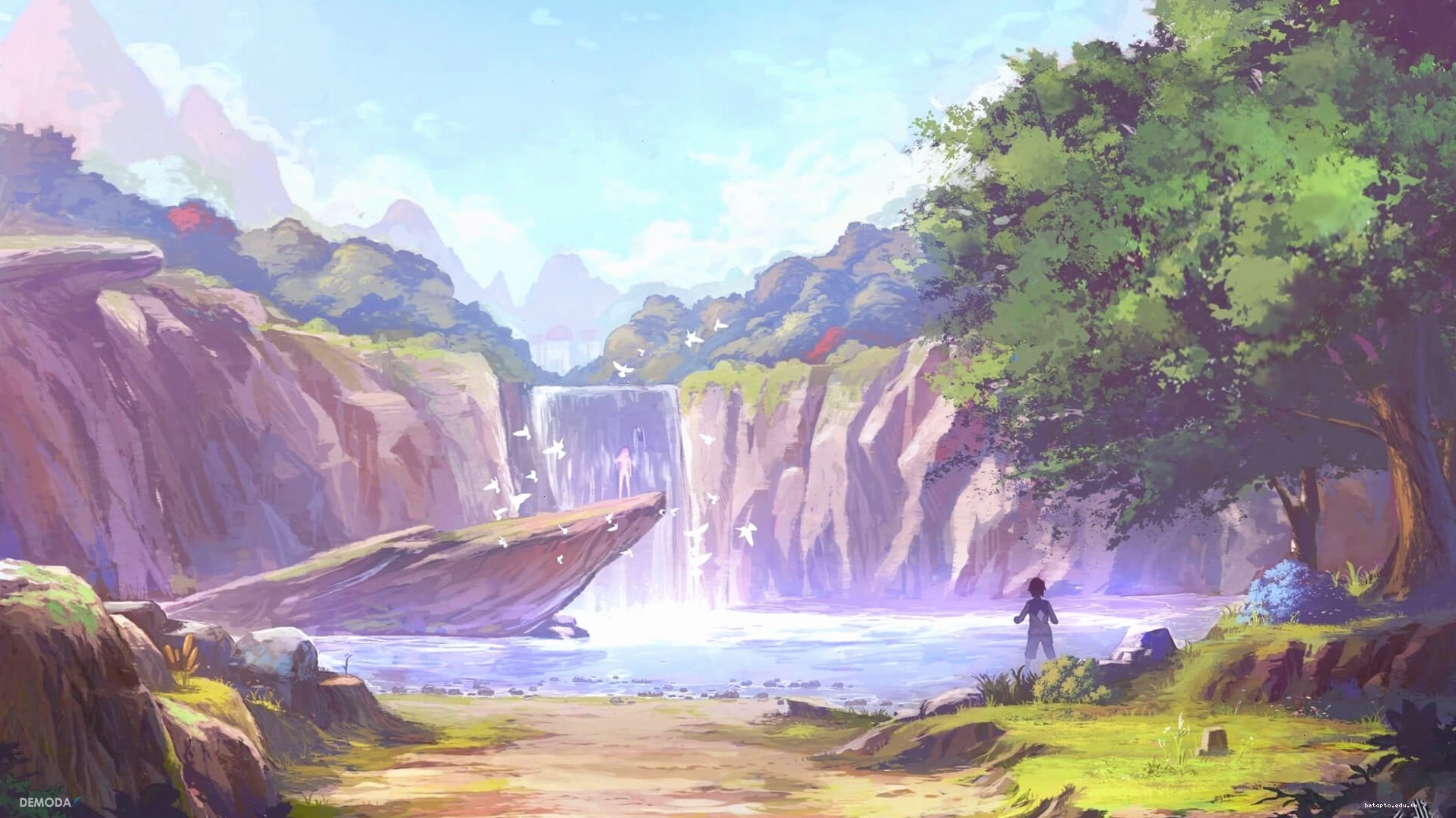Cảnh quan anime lãng mạn với cánh đồng hoa