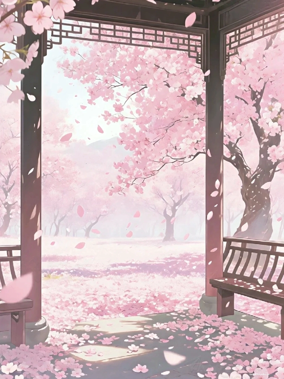 Cảnh quan anime với núi, sông và hoa anh đào nở rộ