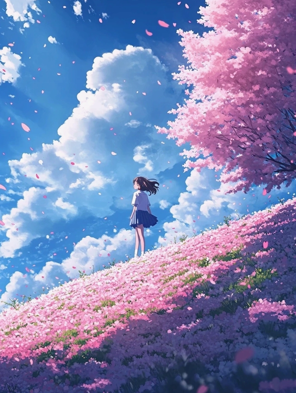 Cảnh quan thành phố anime về đêm với hoa anh đào