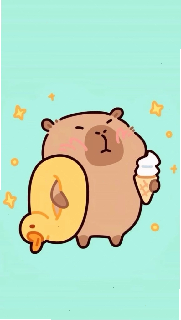 Capybara cõng vịt vàng, vô tri trên nền xanh, phong cách tối giản