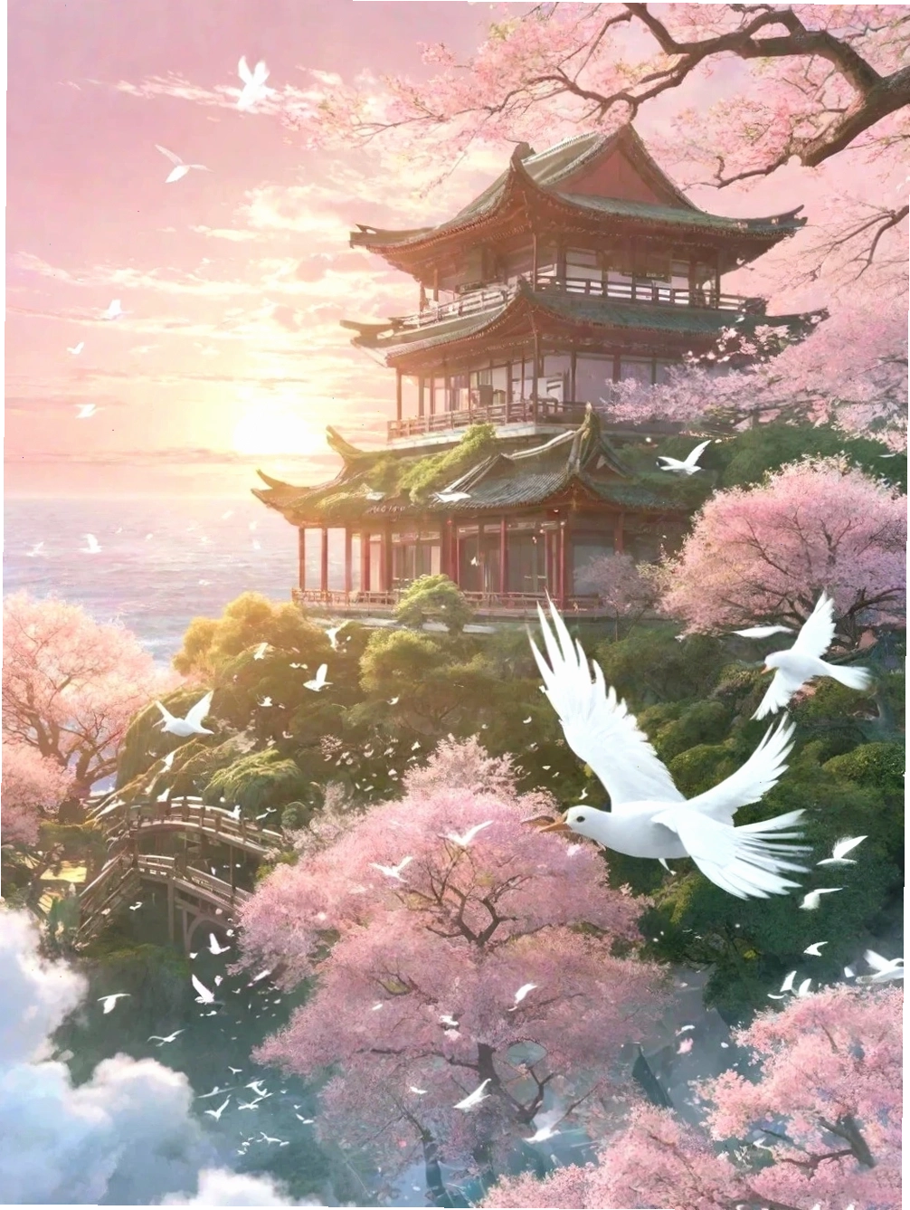 Cô gái anime đứng dưới cơn mưa cánh hoa anh đào