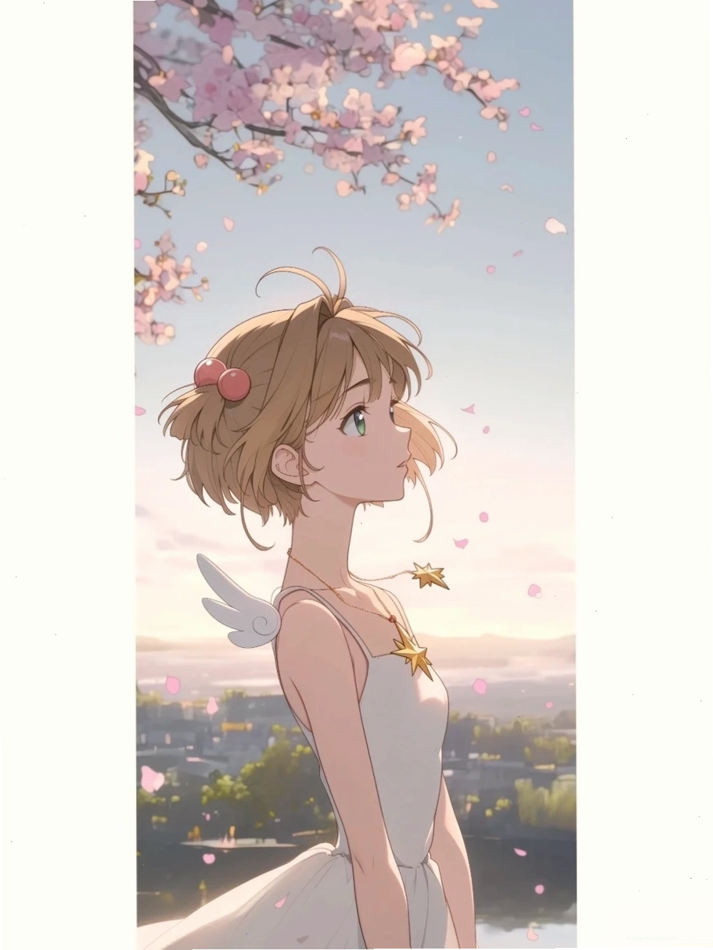 Cô gái anime ngồi dưới gốc cây hoa anh đào nở rộ