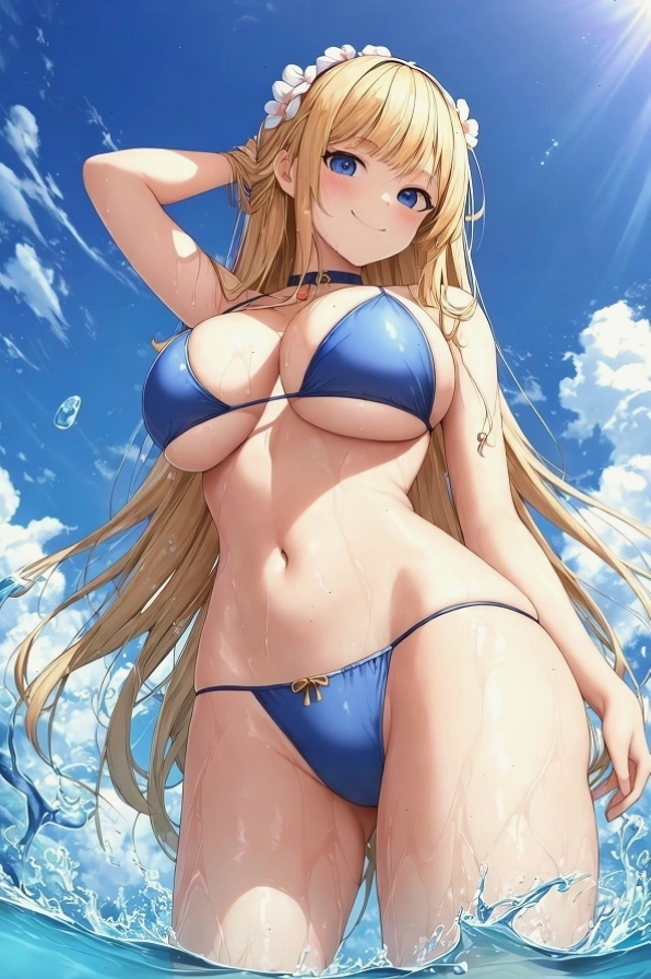 Gái anime mặc đồ bơi với bikini họa tiết hoa rạng rỡ dưới ánh nắng