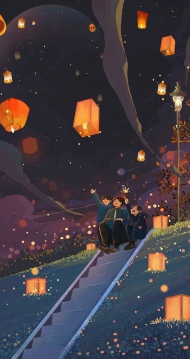 Hình nền Tết anime đèn lồng đẹp với nhân vật nam tính