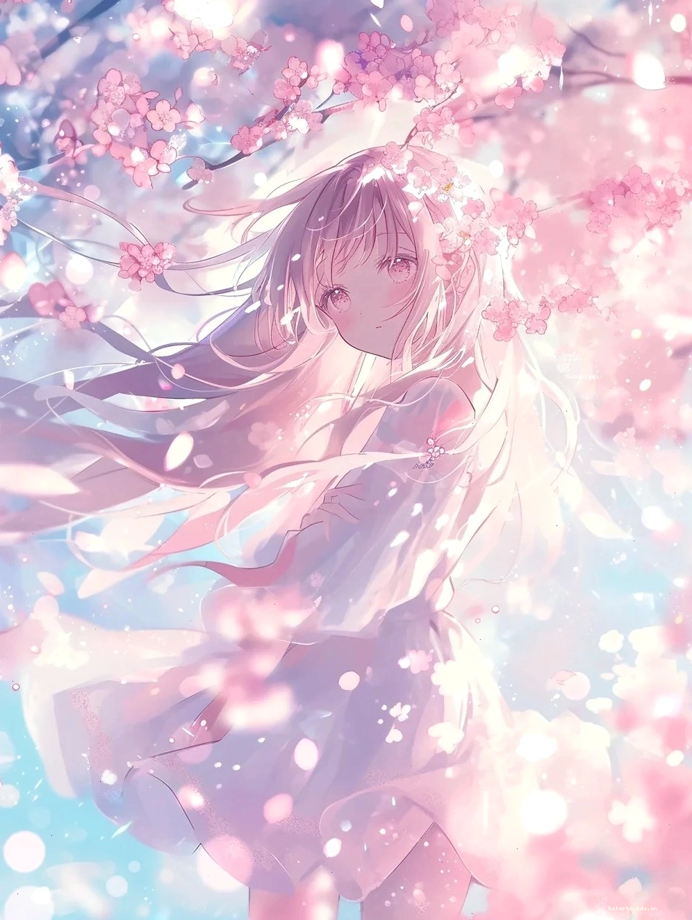 Nhân vật anime dưới gốc cây hoa anh đào