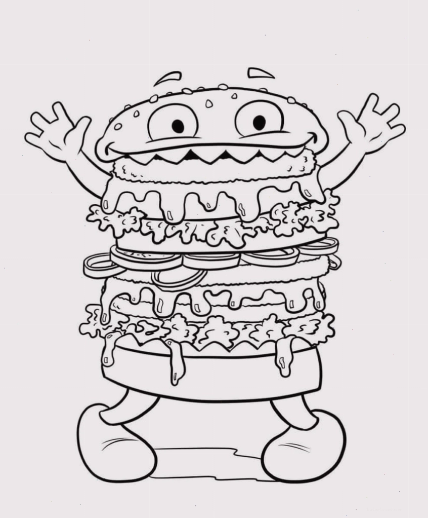 Tranh tô màu bánh hamburger quái vật ngộ nghĩnh