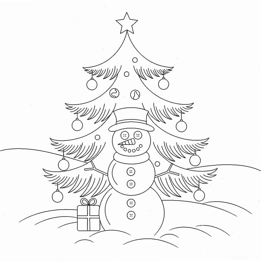 Tranh tô màu cây thông Noel bên cạnh người tuyết