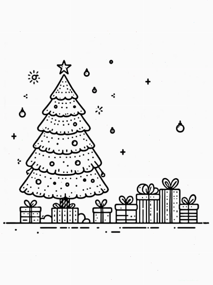 Tranh tô màu cây thông Noel trang trí nhiều quà tặng