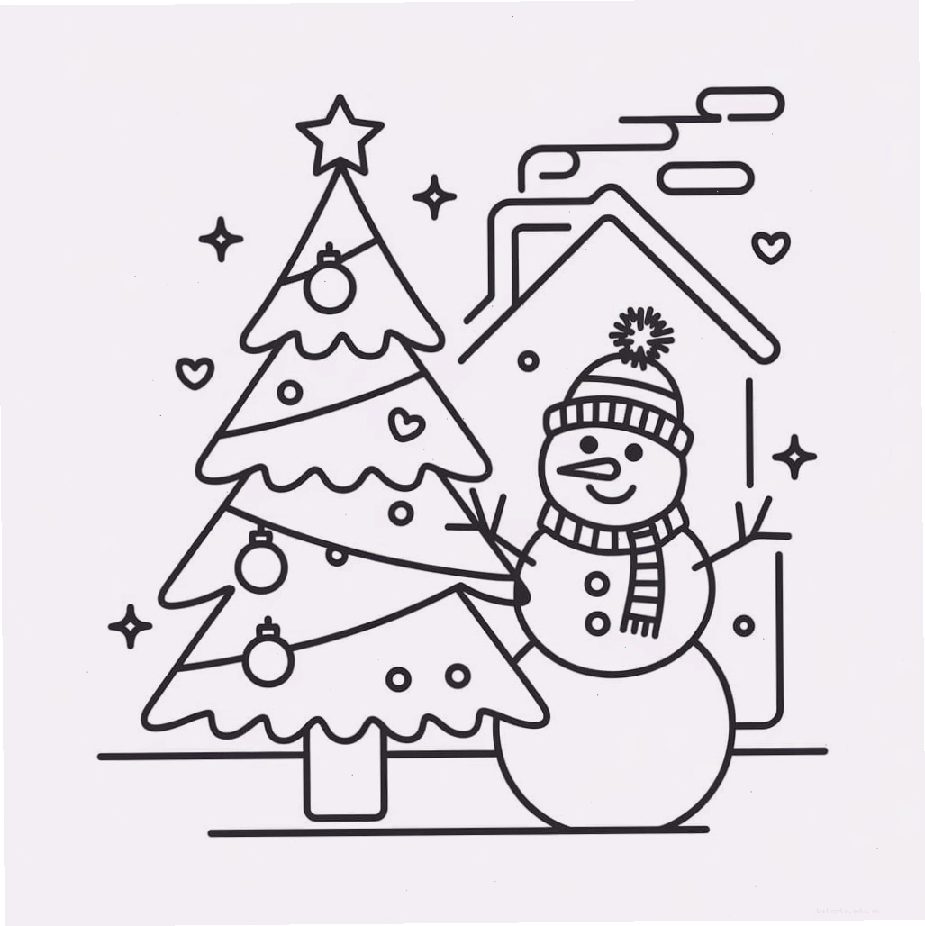 Tranh tô màu cây thông Noel và người tuyết