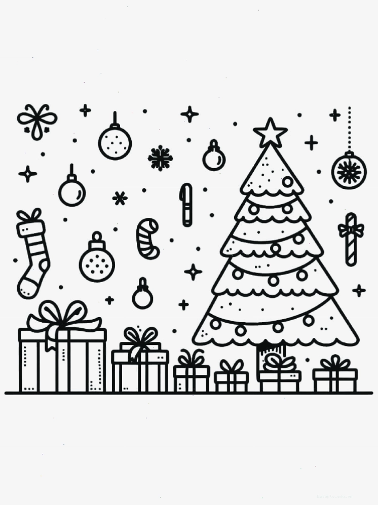 Tranh tô màu cây thông Noel với nhiều quà tặng