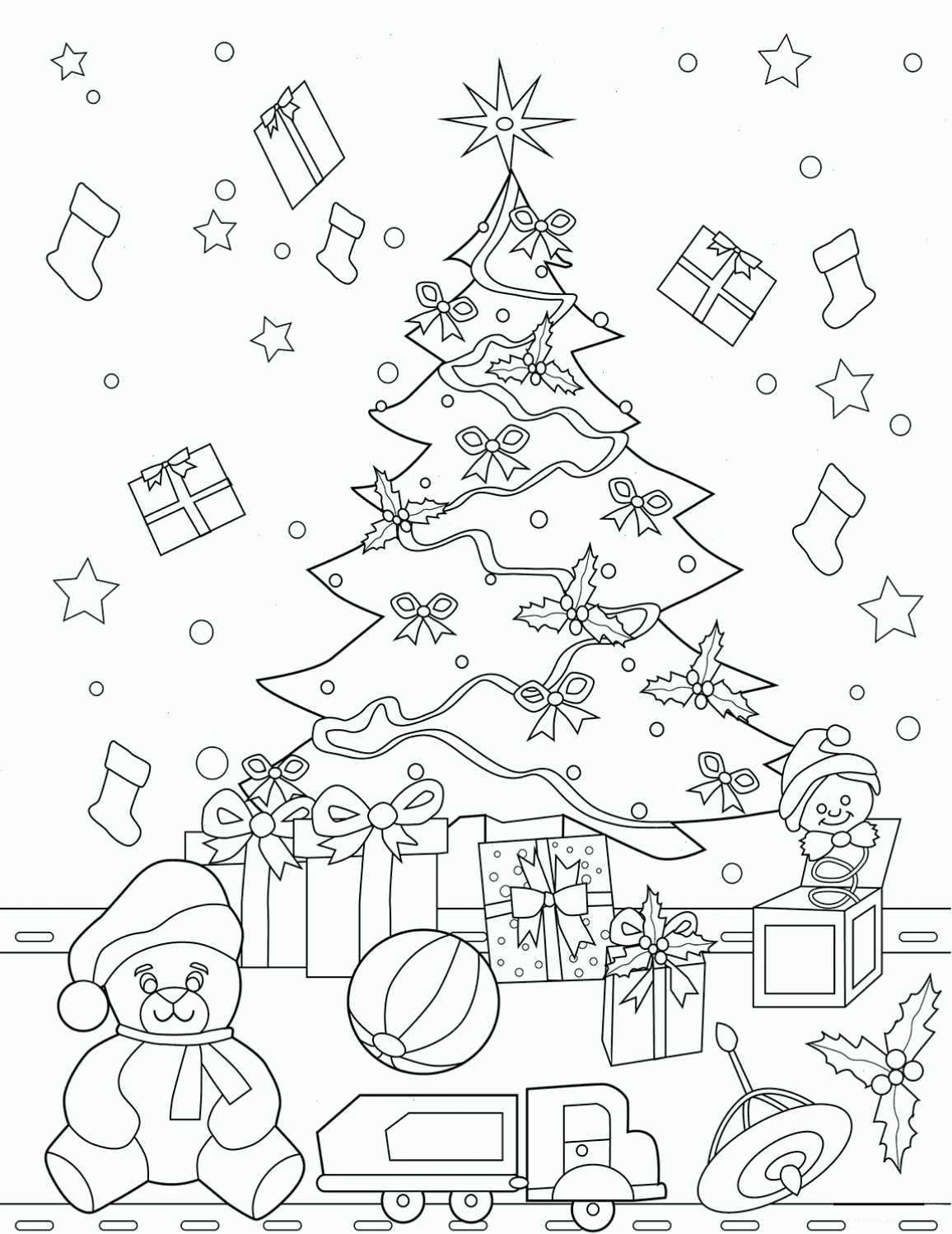 Tranh tô màu cây thông Noel với quà và đồ chơi