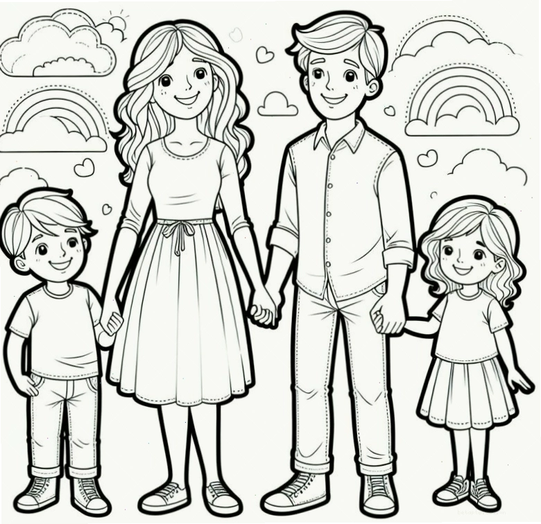 Tranh tô màu gia đình 4 người, dạy bé biết yêu thương và gắn kết tình cảm