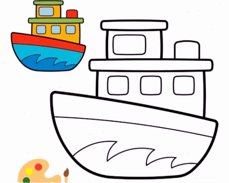 Tranh tô màu tàu nhỏ với cá và mặt trời
