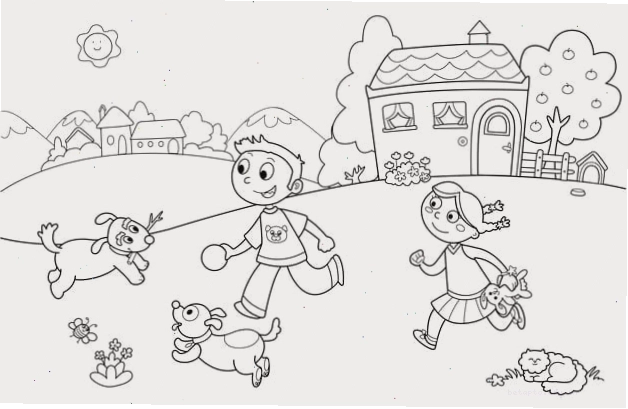 Tranh tô màu vườn trường với cây cối và hoa lá