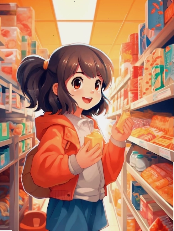 Anime character shopping in a cartoon style
