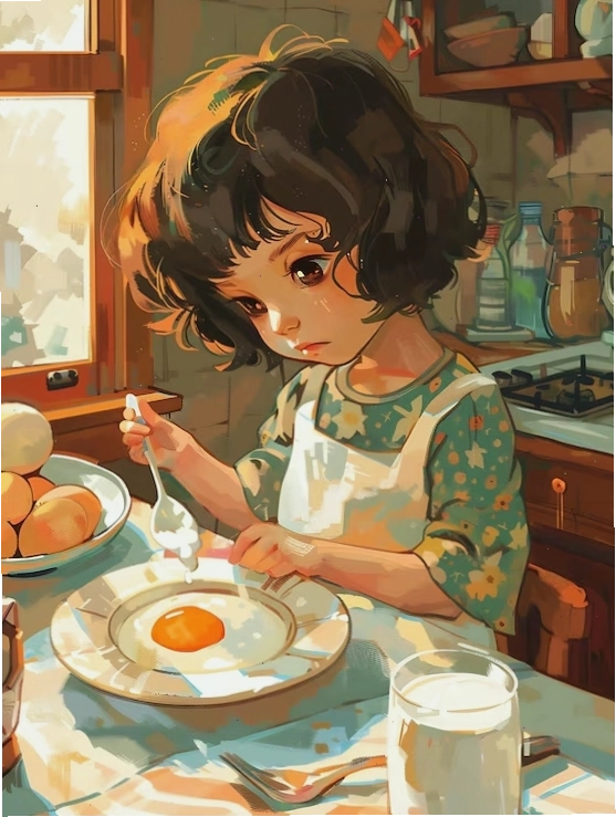 Anime girl eating breakfast at a kitchen table