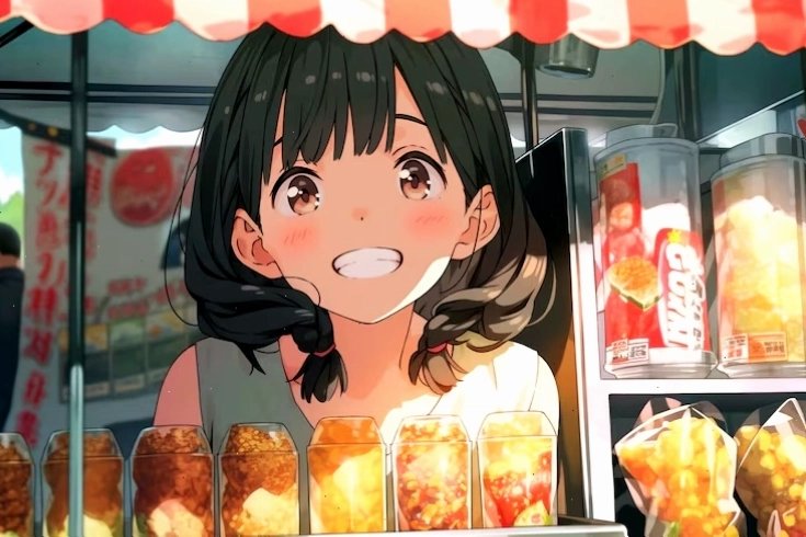 Beautiful anime woman in a serene cartoon scene