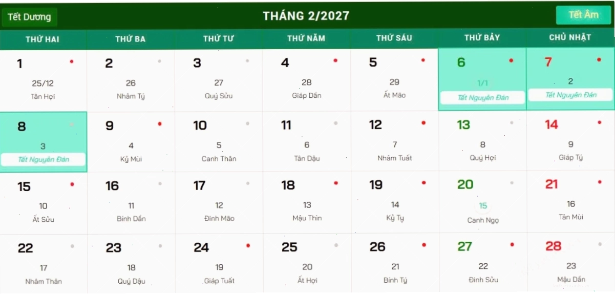 tết âm lịch 2027 ngày mấy âm lịch